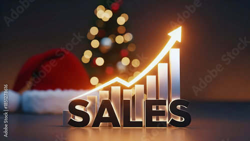 Christmas Season Sales Growth with Upward Arrow and Bar Chart, Profitable , Business Concept