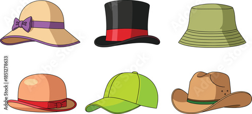 Hat and headwear collection with classic fashion styles including bowler top hat bucket cap and cowboy hat