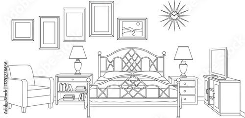 Bedroom interior line art illustration with bed armchair lamps cabinets wall frames and modern home furniture layout