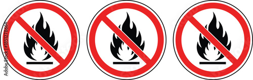No fire allowed prohibition symbol set with crossed flame icons for safety warning signage and hazard prevention
