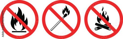 No fire campfire and matches prohibited symbol set with crossed flame icons for safety warning signs