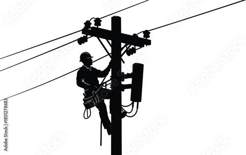 Silhouette of lineman climbing electric pole, electrician working on power line vector illustration, utility worker repairing high voltage wire, industrial maintenance concept
