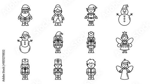 Christmas characters standing in a row are depicted as outline illustrations on white background or Christmas characters posing as drawing line icons on plain white background