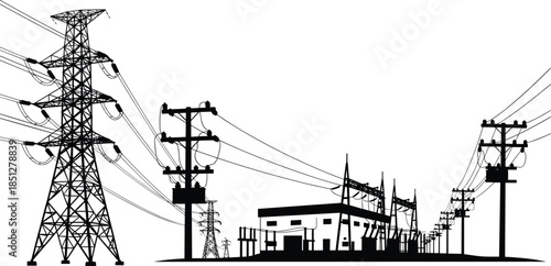 Silhouette of high voltage transmission tower and electrical substation, power distribution grid vector illustration, industrial energy infrastructure isolated on white background