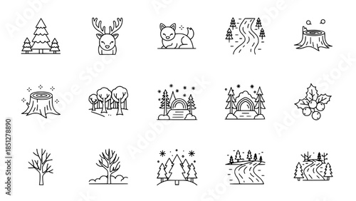 Christmas forest elements showcase winter symbols in outline illustration or christmas nature icons display festive designs in graphic collection