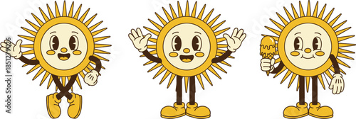 Cute cartoon sun mascot character set with smiling face waving walking and holding ice cream illustration