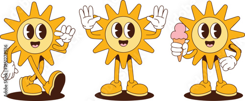 Cute cartoon sun mascot character set with arms and legs waving walking and holding ice cream