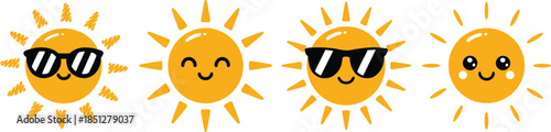 Cute smiling sun character set with sunglasses and adorable facial expressions for summer weather vector illustrations