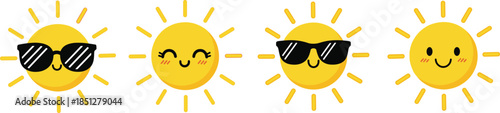 Cute smiling sun character set with sunglasses and kawaii facial expressions for summer weather designs
