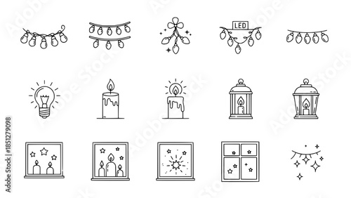 Christmas lights garland and candles illuminate room interiors in minimalist style or lantern candle shine inside building during christmas celebration