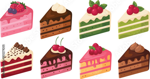 Colorful cake slice collection with chocolate strawberry berry and cream desserts cute flat vector illustration set