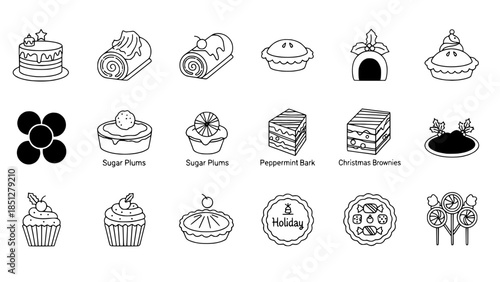 Christmas sweets icons showcasing seasonal pastry designs or festive desserts collection depicting various holiday treats
