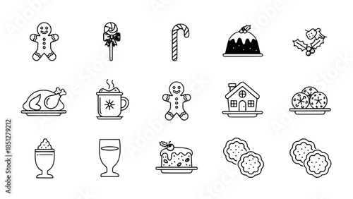 Christmas sweets icons present food items in festive season or christmas snacks icons feature traditional treats on holiday occasion