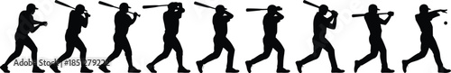 Baseball player batting swing motion sequence silhouette collection sports action pose black vector illustration set
