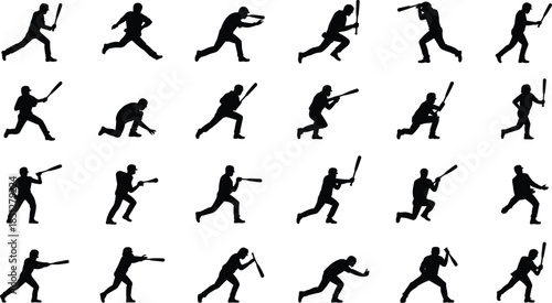 Baseball player action poses collection with batting throwing and running movements black silhouette vector set