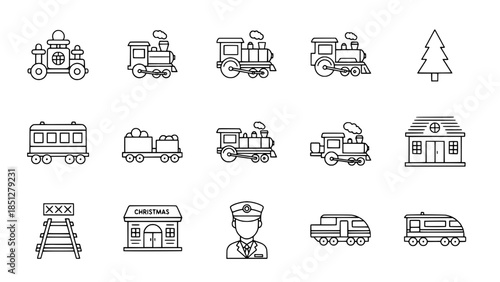 Christmas trains icon set displays different locomotives cars and station in outline style or Christmas express icon group presents various wagons and railway buildings in outline style