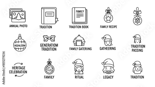 Christmas traditions depicted using linear icons showcase heritage and legacy or family symbols represent customs and celebrations