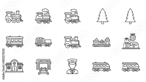 Christmas train icons displaying transportation at station with christmas tree or steam train icons illustrating transport at xmas station with engineer