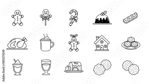 Christmas treats display traditional holiday icons in monochrome style or holiday food outlines present festive season sweets in minimal design