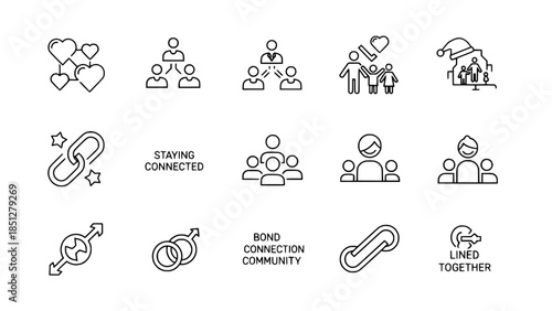 Collection of connected social icons showing relationships in a line style or Group of connection icons representing family community communication in outline