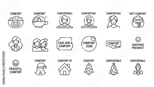 Comfort icons represent cozy concepts in a simple line drawing collection or comfort symbols display pleasant sensations in a linear icon set