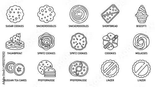 Cookies line icons showcase variety on white background or assortment of cookies illustrate outline on white backdrop