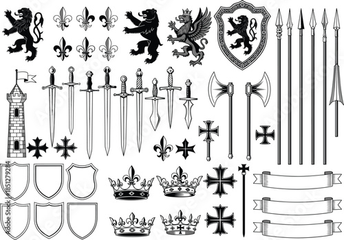 Medieval heraldry and weapon elements collection with swords shields lions crowns and banners black vector set