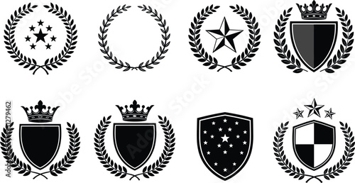 Laurel wreath and royal shield emblems with stars crowns and badges black silhouette vector set