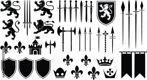 Medieval heraldry and weapon elements with swords shields lions crowns black silhouette vector set