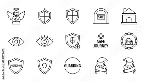 Security themed vector icons display assorted protections in outlined drawings or winter apparel icons showcase warm clothing in minimal line drawings