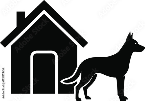 Cartoon doghouse illustration with white puppies and a smiling dog featuring a four star speech bubble vector isolated.