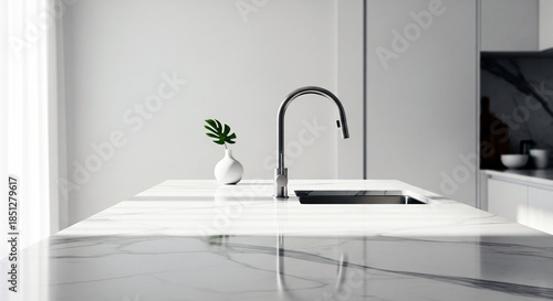 Modern kitchen faucet on white marble island in sunlight