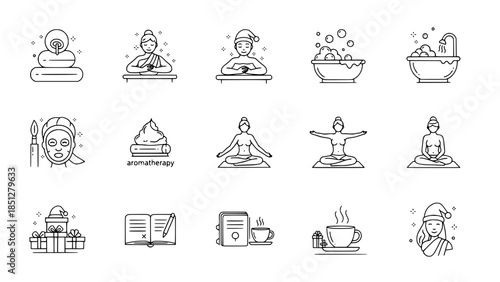 Spa icons showcase relaxation routine in wellness set or woman practices mindfulness in serene treatment