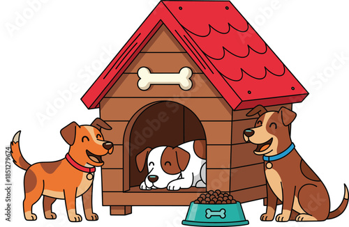 Three happy puppies playing together outside a wooden doghouse with a bowl of food vector illustration isolated set.