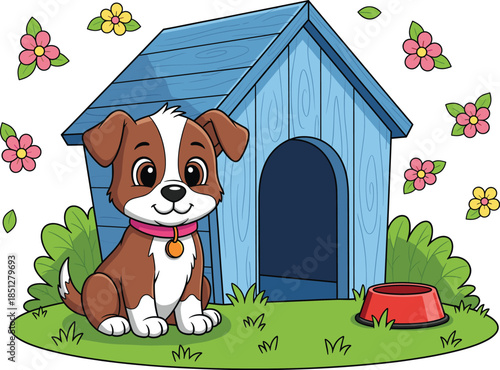 Cute puppy sitting in a flower garden next to a blue wooden doghouse vector illustration isolated set.
