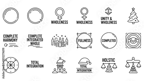 Vector icons illustrate wellness holistic integration concept or mind body spirit balance in line style