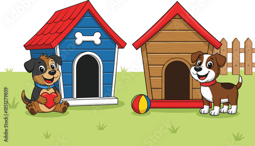 Two cute brown and white puppies sitting near wooden doghouse with red bowl and colorful ball vector illustration.