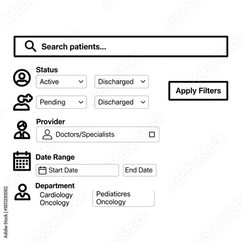 A user interface for patient search and filtering, showing options for status, provider, date range, and department in a healthcare system.