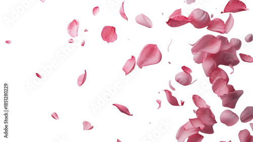 Floating pink rose petals with soft textures on a white background