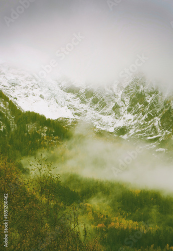 Panoramic view of the Mont Blanc massif with fog, Chamonix village, Switzerland III