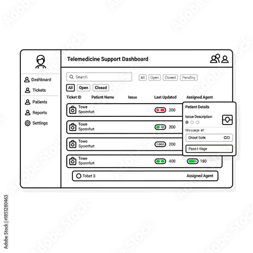 Wireframe sketch of a Telemedicine Support Dashboard user interface, displaying ticket management, patient details, and navigation menus.