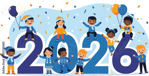 Happy diverse children celebrating New Year 2026 with confetti vector