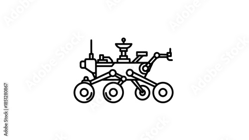 Line art illustration of a mars rover with six wheels, camera, and antenna, isolated.