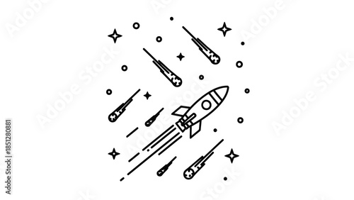 Stylized rocket ship blasting through space amidst shooting stars and celestial bodies