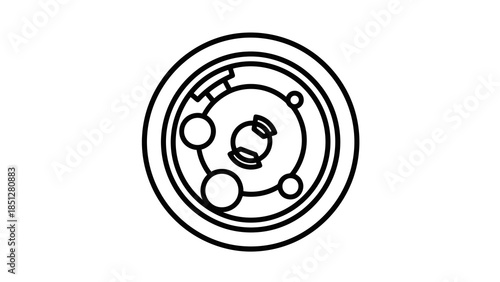Abstract circular mechanical diagram with orbiting elements and gears, line art