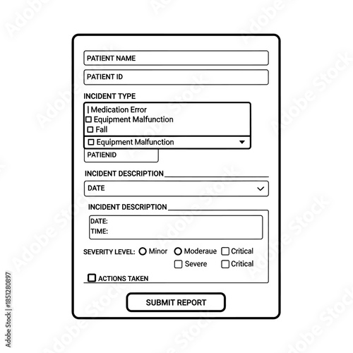 Medical Incident Report Form with Patient Details, Incident Type, and Severity Levels for Healthcare Documentation.