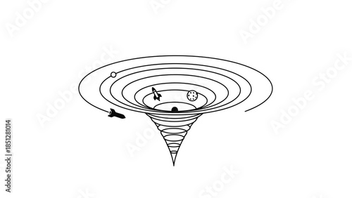 Stylized depiction of a black hole with a rocket and planets orbiting a gravitational anomaly.