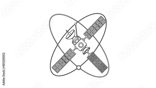 Orbiting communication satellite with solar panels and dish antenna in line art style