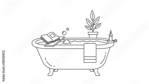 Line art illustration of a bathtub with a book, plant, and candle, creating a relaxing atmosphere.