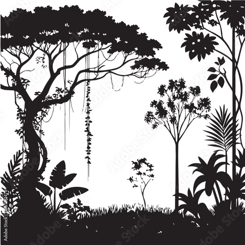Black Rainforest Scene Silhouette Vector, High Quality Illustration on White Background